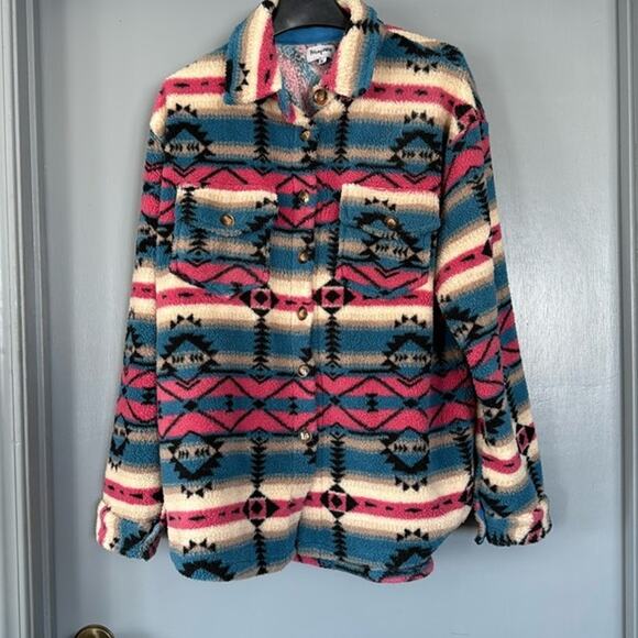 Women's Prissy Jane Southwestern Pink Blue Sherpa Button Front Jacket sz XL - Picture 1 of 5